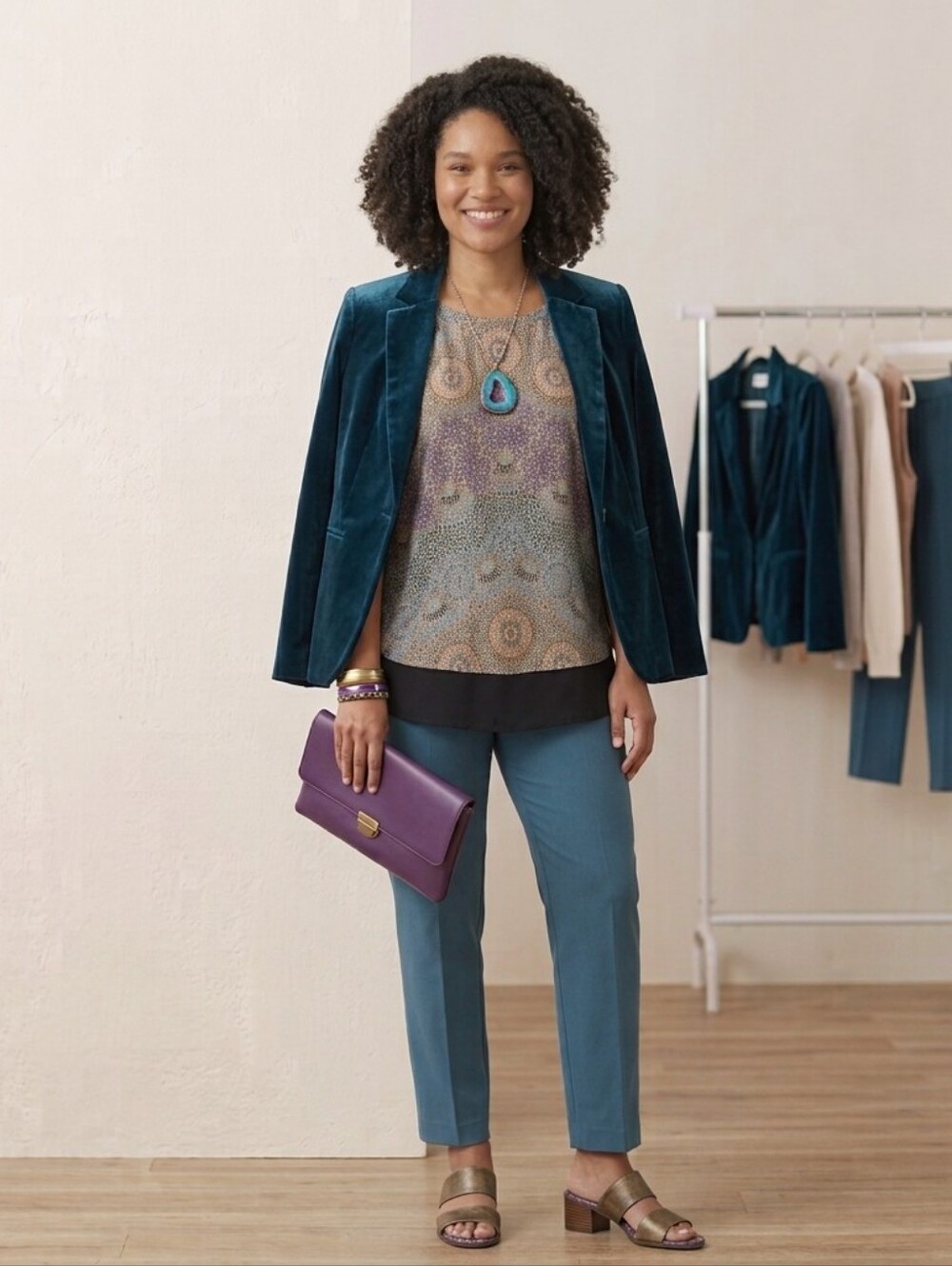 ​Dana Buchman Geometric Mixed Media Layered Blouse Small